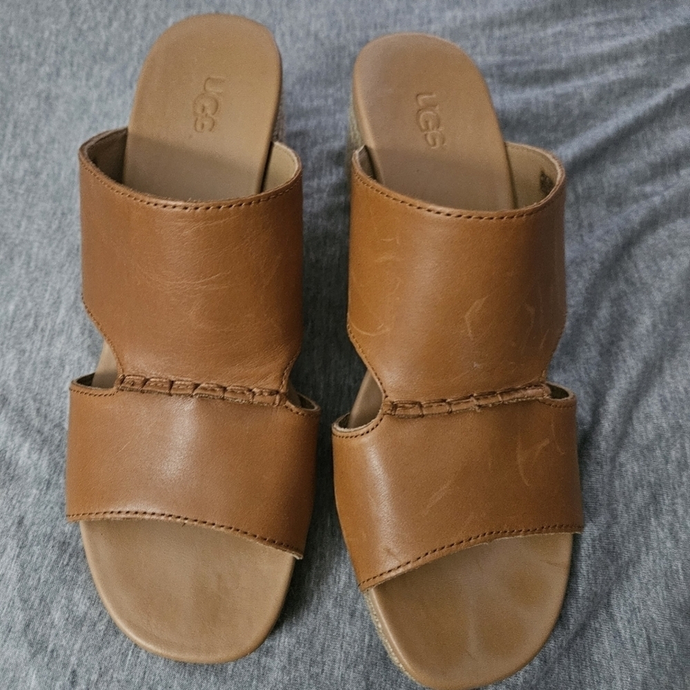 UGG Eirene Tan Leather Wedge Sandals with Braided Detail Size 8